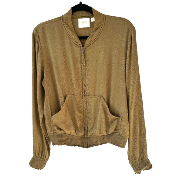 MAEVE Anthropologie Olive Green Gold Silky Leopard Bomber Jacket Size Small - Picture 2 of 9